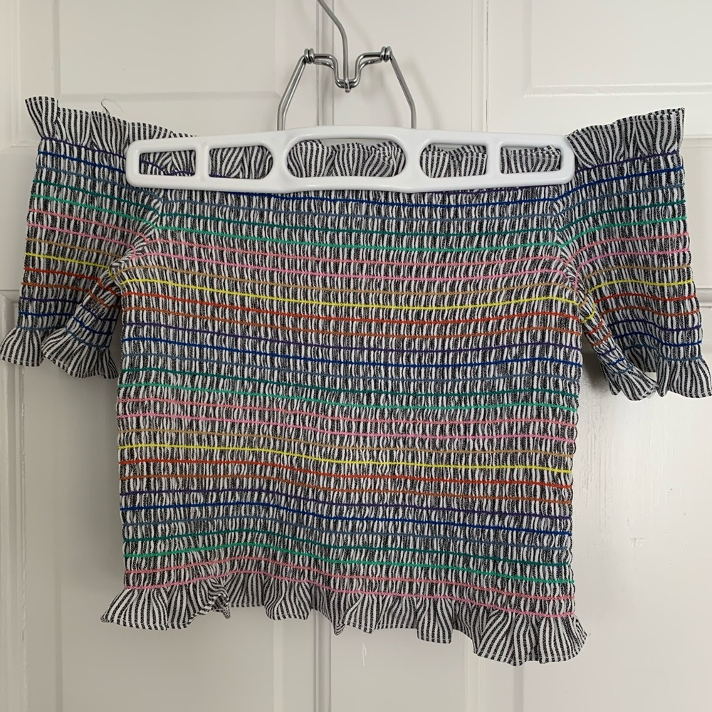 smocked off shoulder crop top